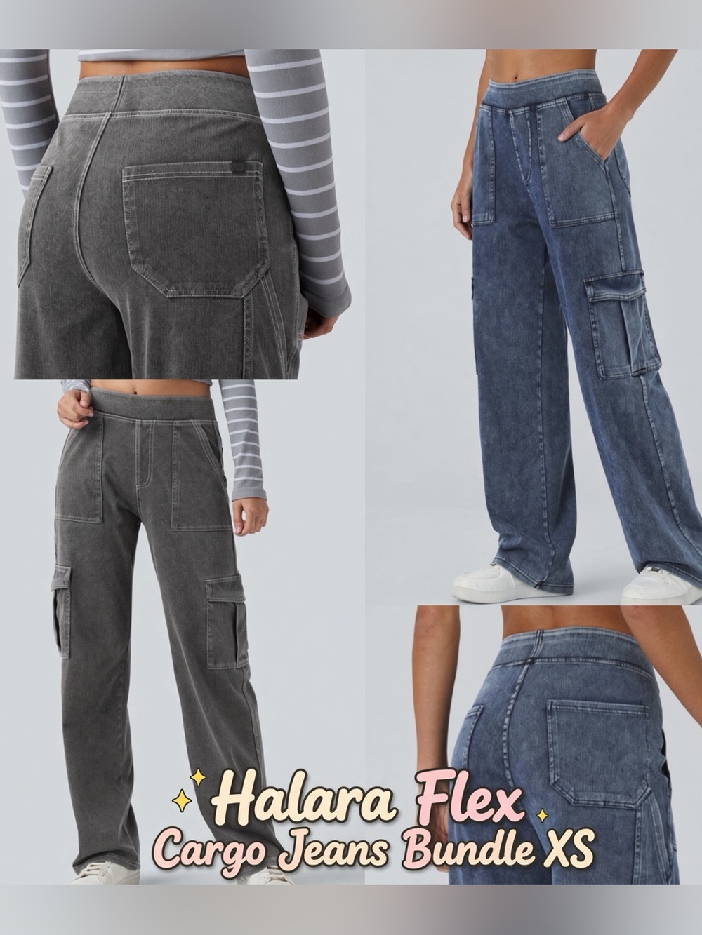 HALARA Flex Straight Leg Cargo Jeans Bundle - Gray + Blue